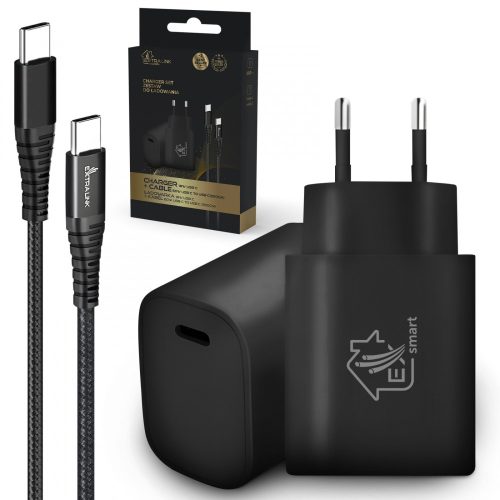 Extralink Smart Life | USB Type-C to Type-C cable set 200cm Black + 18W PD3.0 charger | Black