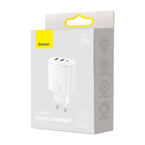 Baseus Travel Charger Compact Quick Charger U+U+C PD3.0, QC 3.0 30W EU White (CCXJ-E02)