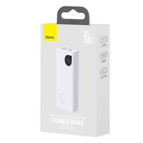 Baseus Power Bank Adaman2 with Digital display, C+U+U, PD 3.0, QC 3.0, 30W, 10000 mAh, with Type-C cable (0.3m), White (PPAD070001)