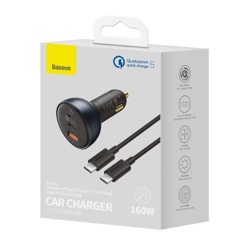 Baseus Car Charger Fast charger U+C+C, PD 3.0, QC 5.0, PPS, (with C+C cable 100W (20V/1.5A) 1m) 160W, Black (TZCCZM-0G)